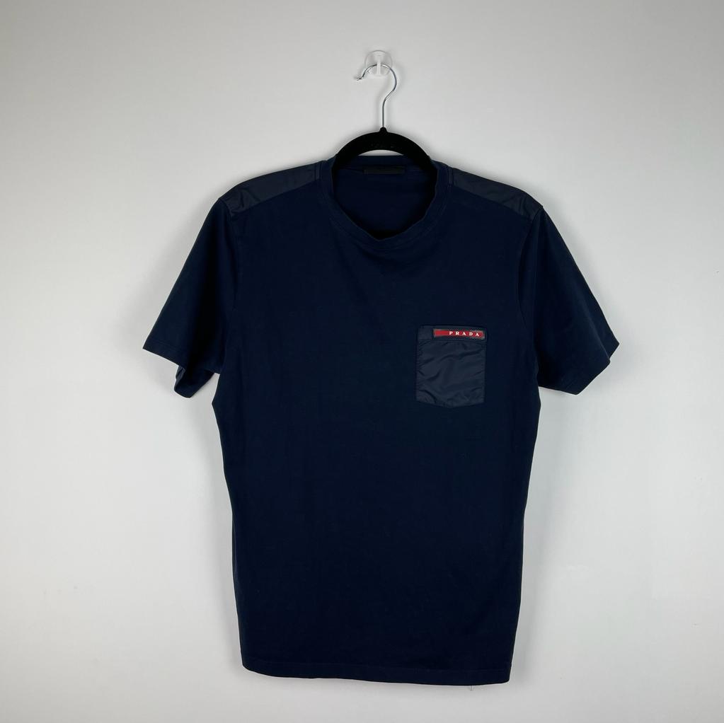 Prada Navy Red Logo Nylon Pocket & Shoulder T-Shirt