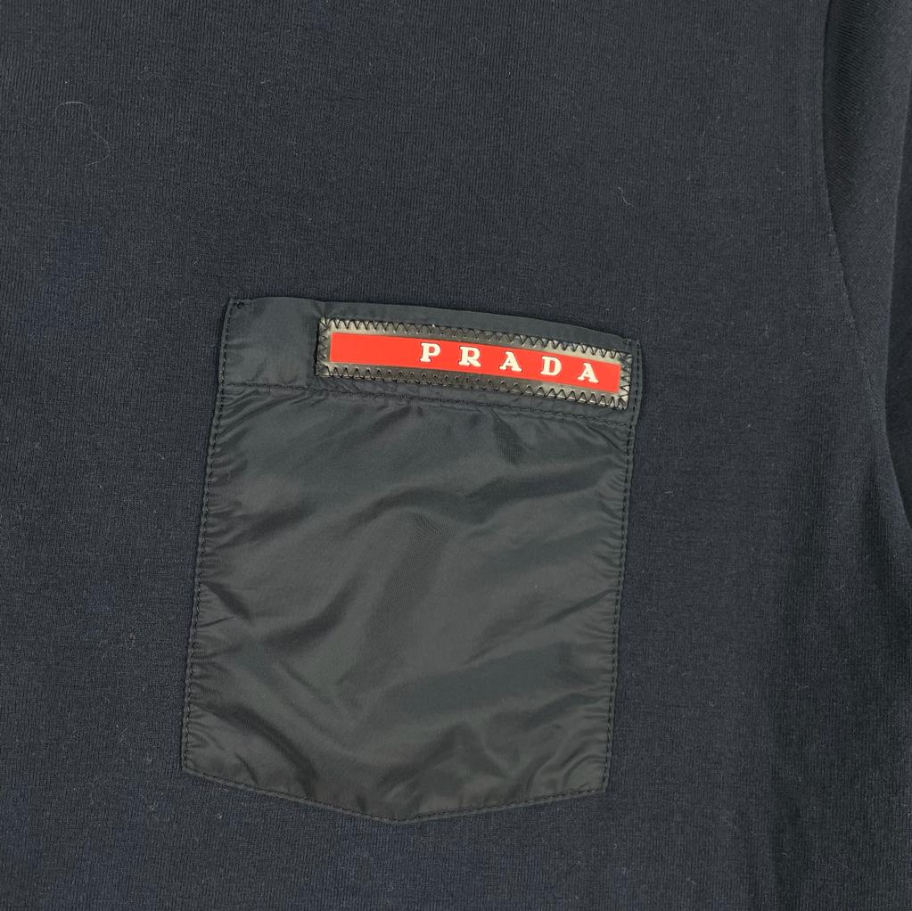 Prada Navy Red Logo Nylon Pocket & Shoulder T-Shirt